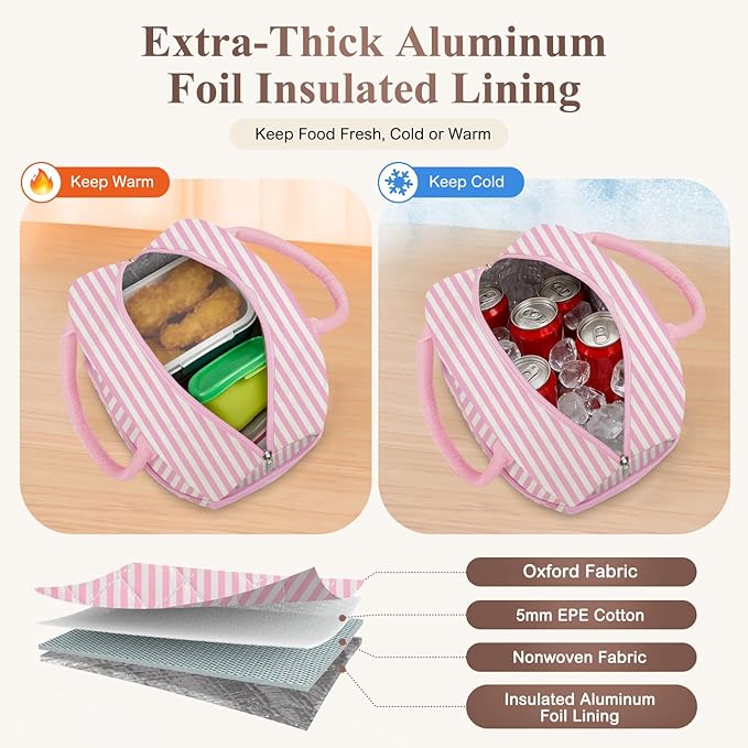 KUBYA Lunch Box for Women Adult Men, Cute Insulated Lunch Bag Women Quilted Reusable Large Lunch Boxes Tote Bag Leakproof Simple Thermal Cooler Bag for Work Office Picnic