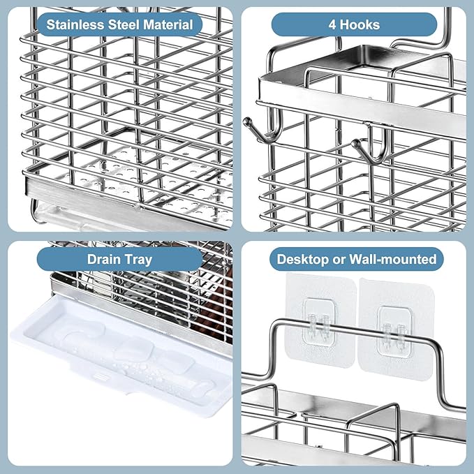 Utensil Holder, Stainless Steel Utensil Drying Rack with Drain Tray, Kitchen Counter Drainer Basket Silverware Cutlery Flatware Holder Forks, Knives, Spoons, Chopsticks Organizer (Silver)