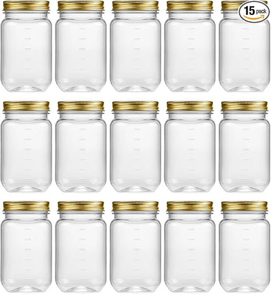 novelinks 16 oz Clear Plastic Jars with Lids, Refillable 16oz Mason Jars with Lids & Storage Containers for Kitchen & Household Use (15 Pack,Gold)