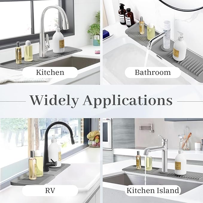 PoYang 24 Inch Faucet Mat for Kitchen Sink Splash Guard Behind Faucet, Sink Protectors for Kitchen Sink Faucet Mat Splash Guard for Kitchen Sink Area, Longer Silicone Faucet Guard & Draining Mat, Grey