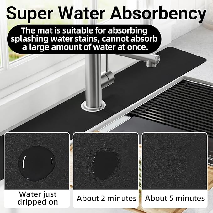 LOPNUR Faucet Mat for Kitchen Sink Protectors, 29 Inch Extra Long Kitchen Sink Splash Guard Behind Faucet, Cuttable Bathroom Water Splash Guard with Super Absorbent Diatomite Fast Drying, Black