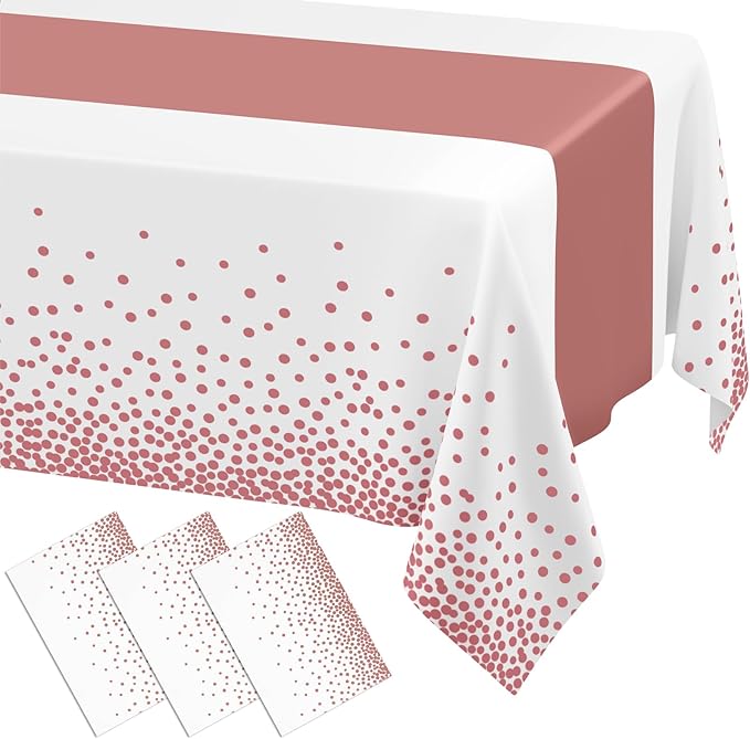 Smiry Plastic Table Cloth Disposable 3 Pack, 54 x 108 Inch Rectangle Waterproof Tablecloth, Printed Gold Table Runner Style for Birthday Weeding, Party, Sturdy & Leakproof, Rose Gold and White