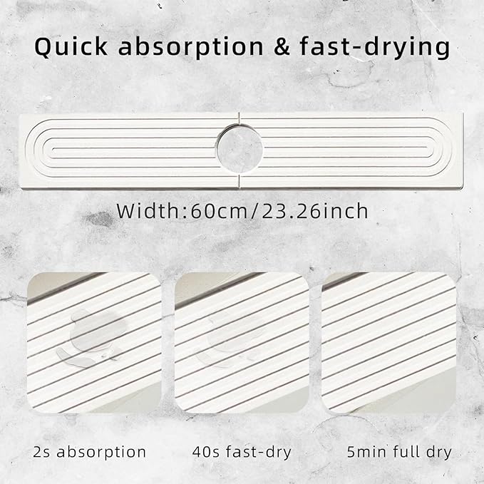 sumelixDiatomaceous Earth Faucet Mat for Kitchen Sink, Super Absorbent Stone Splash Guard | Fast Drying Water Absorbent Tray | Fits Behind Faucet (23.6'' x 4'') (White, 23.6" x 4")