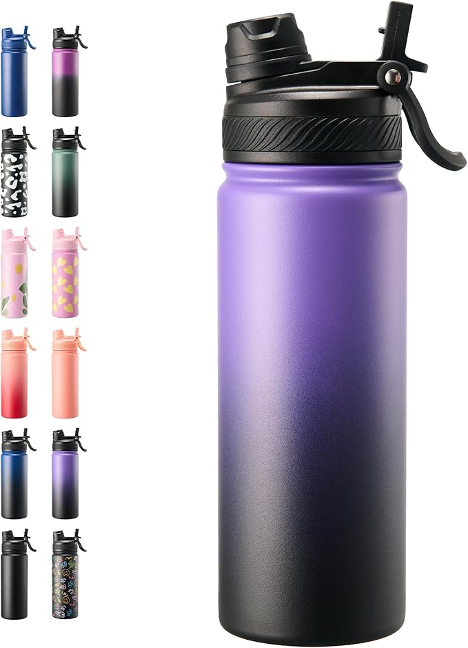 Fijinhom 18 oz Insulated Water Bottle, 2-in-1 Straw and Spout Lid Stainless Steel Thermos, Leak-Proof, Double Wall Vacuum Flask, Keep Cold 24H for Outdoor, Sports, Travel, School (Purple&Black)