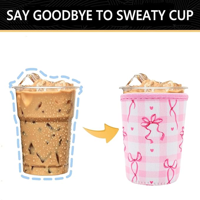 YR Reusable Neoprene Insulator Sleeve for Iced Coffee Cups, 3 Pack Coffee Coolies sleeves for Iced & Hot Drinks, Cold Beverage Cooler Compatible with Starbucks Coffee and More (Cute Bows)