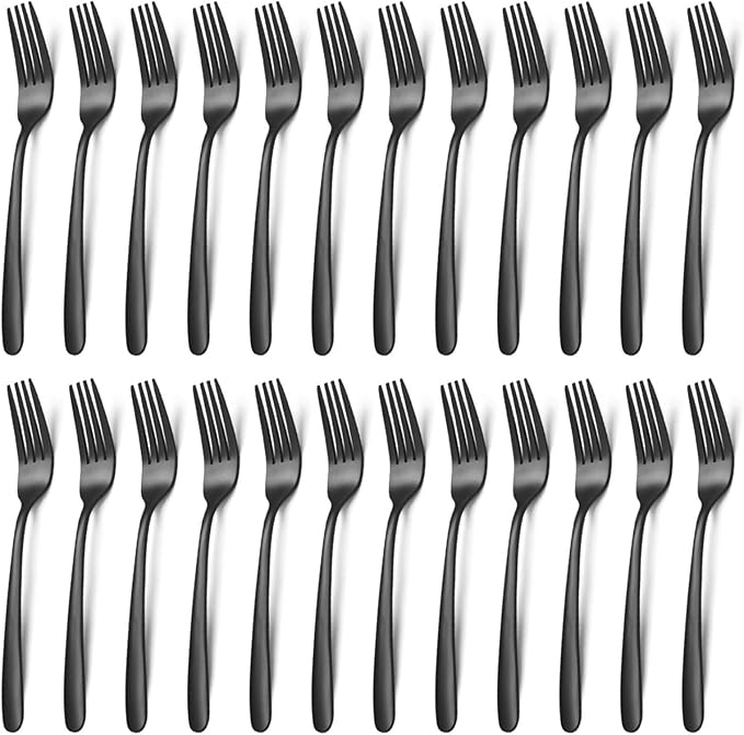 Unokit 24-Piece Stainless Steel Dinner Forks Silverware - 8 Inch Silver Dinner Forks Set of 24, Forks Set, Flatware Forks for Home, Kitchen or Restaurant, Mirror Polished, Dishwasher Safe, Black