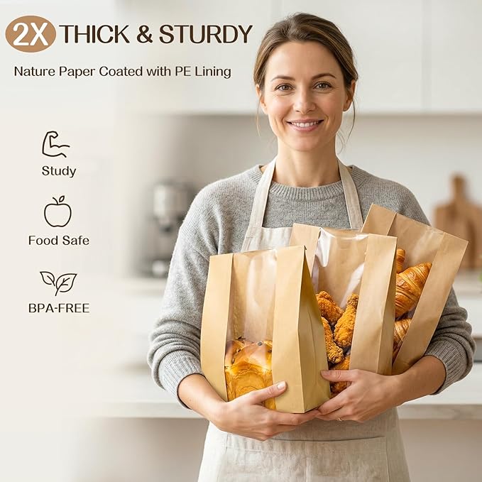 Tripho 100 Pcs Bread Bags for Homemade Bread with Clear Window & 120 Stickers, Sourdough Bread Bags for Storage of Bread,Cookies & Snacks, Large Bakery Paper Bags