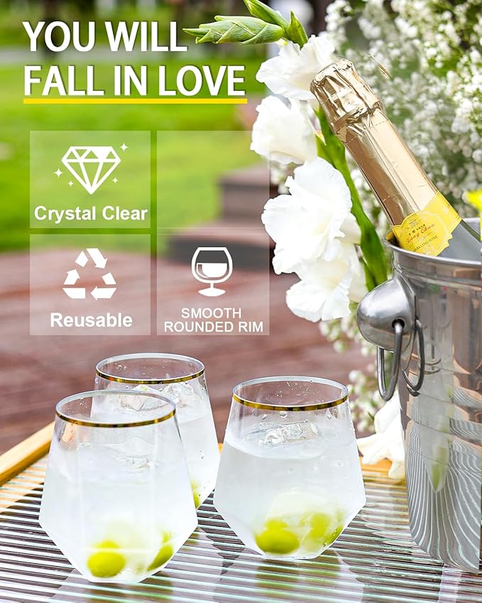 Maaacute 40 Pcak Plastic Stemless Wine cocktail Whiskey Champagne Glasses, 12 Oz Gold Rim Disposable Clear Unbreakable Cups for Party Bars Wedding Tasting (Diamond-shaped)
