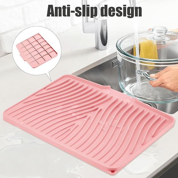 Silicone Dish Drying Mat for Kitchen Counter, Dish Drying Pad, Non-Slip Drain Pad with Built-in Drain, Heat Resistant Stone Drying Mat(16" x 12", Pink)