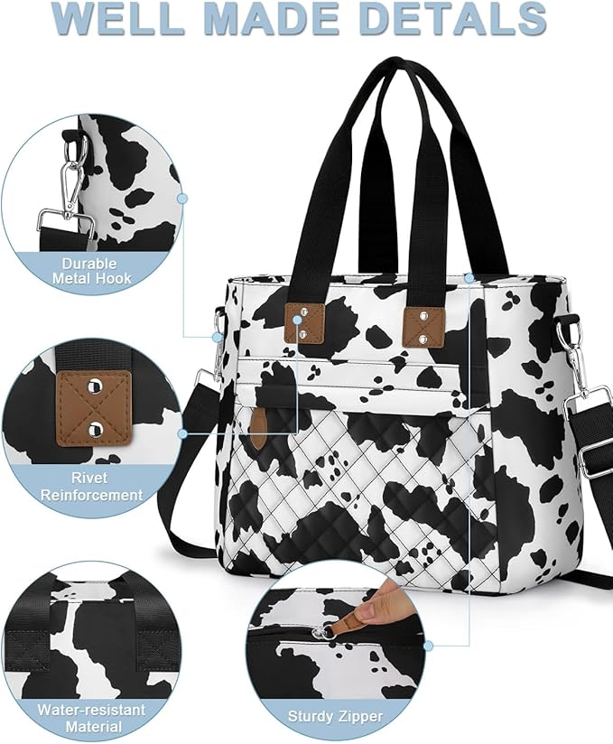 Insulated Lunch Box for School - Large Thermal Lunch Bag Women with Removable Shoulder Strap, Reusable Lunch Cooler Tote Bags Purse for Adults Work, Picnic, Hiking, Beach, Travel, LargeCowprint