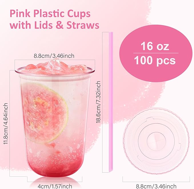 tchrules 100 Set 16oz Plastic Cups with Lids & Straws, Disposable Pink Clear Iced Coffee Cup with Lid, Round Bottom Plastic To Go Cups for Cold Drinks Slushie Smoothie Valentine Holiday Party Supplies