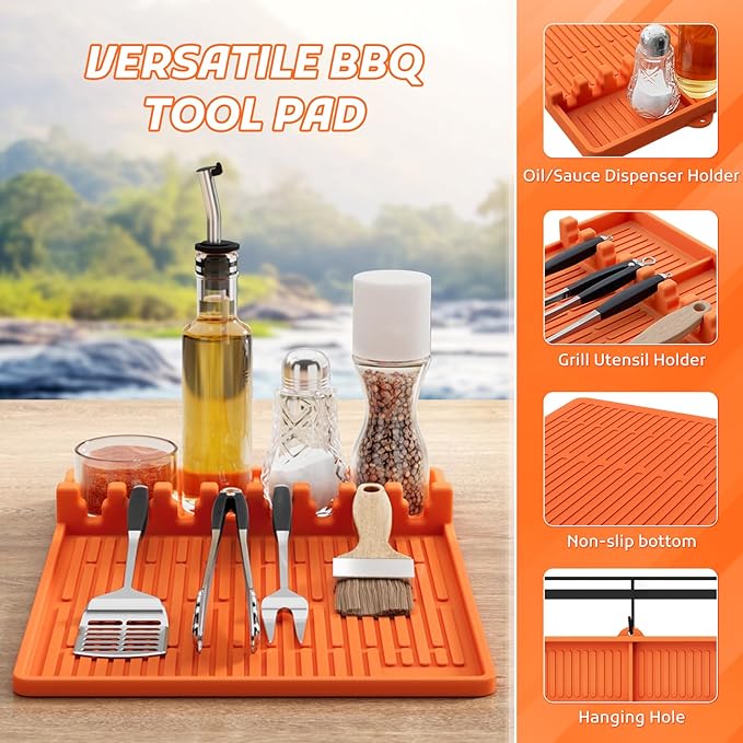 MealHelper Silicone Griddle Tools Mat, Grill Mat for Outdoor Grill with Seasoning Jars Holder, Side Shelf Pad for Grilling Accessories, BBQ Tool Rest, Kitchen Aid Accessories and Attachments(Orange)