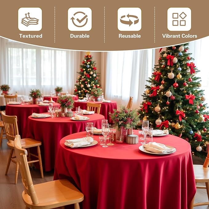 sancua Christmas Red Round Tablecloth 132 Inch Diameter, 6 Pack - Circle Polyester Fabric Table Cloth for Wedding Party Reception Banquet Birthday, Washable Formal Table Cover (Fit 54-96 Inch Tables)