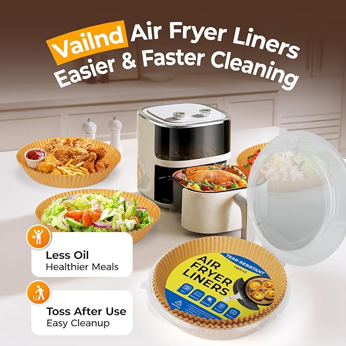 Vailnd Air Fryer Paper Liners, 405 PCS Non-Stick Parchment Paper, 8-Inch Round Air Fryer Liners Disposable for 5-8 QT Basket, Water-Proof & Oil-Proof Airfryer Liners for Baking, Roasting, Microwave