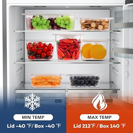 VOISEN 6 Pack Plastic Food Pan with Lids 1/6 Size 6 Inch Deep Commercial Food Storage Containers for Fridge Salad Fruits Vegetables Clear Restaurant Polycarbonate