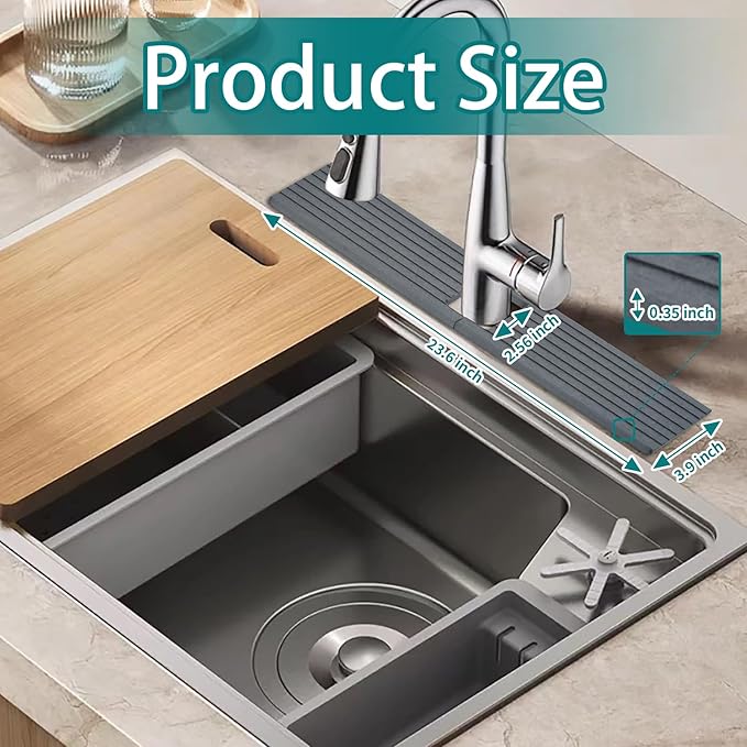 Kitchen Sink Faucet Mat, 24'' Long Diatomite Quick Drying Stone Sink Tray, Prevents Moisture Buildup, Suitable for Bathroom Kitchen Counter Top Faucet Around Splash Guard[Drak Grey, 23.6" x 3.9"]