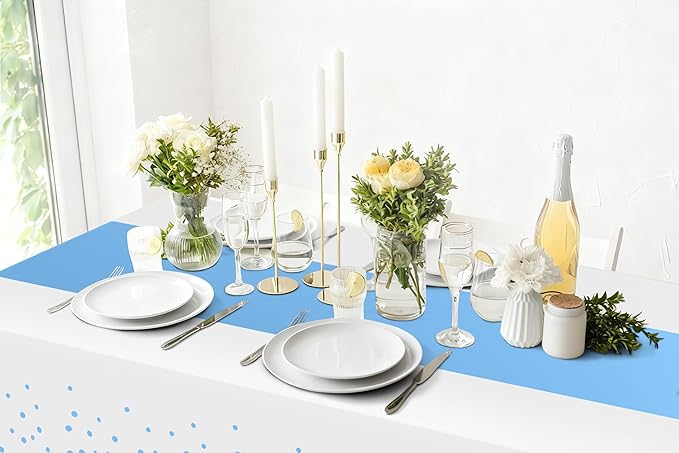 Smiry Plastic Table Cloth Disposable 8 Pack, 54 x 108 Inch Rectangle Waterproof Tablecloth, Printed Gold Table Runner Style for Birthday Weeding, Party, Leakproof & Sturdy, White and Baby Blue