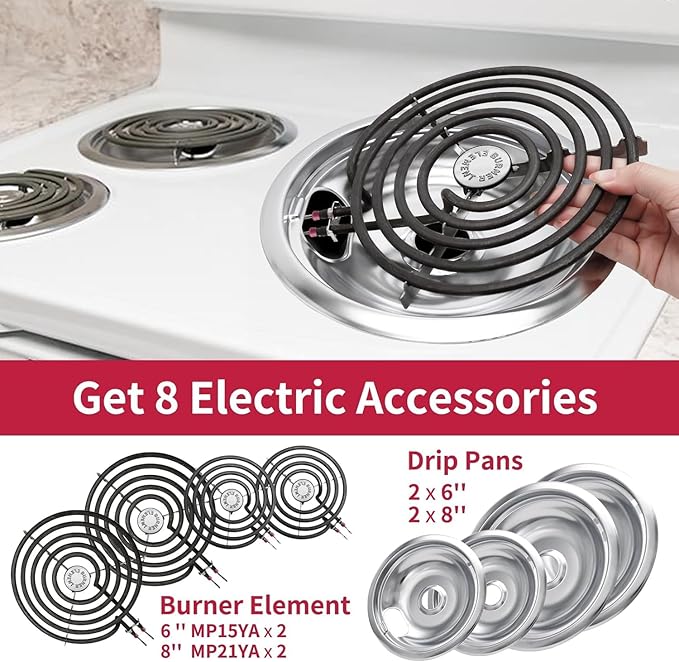 MP22YA Electric Stove Burner Element Replacement Set & W10290350 W10290353 4 Pack Silver Drip Pans - Perfectly Fit Whirlpool Electric Range Stove Top