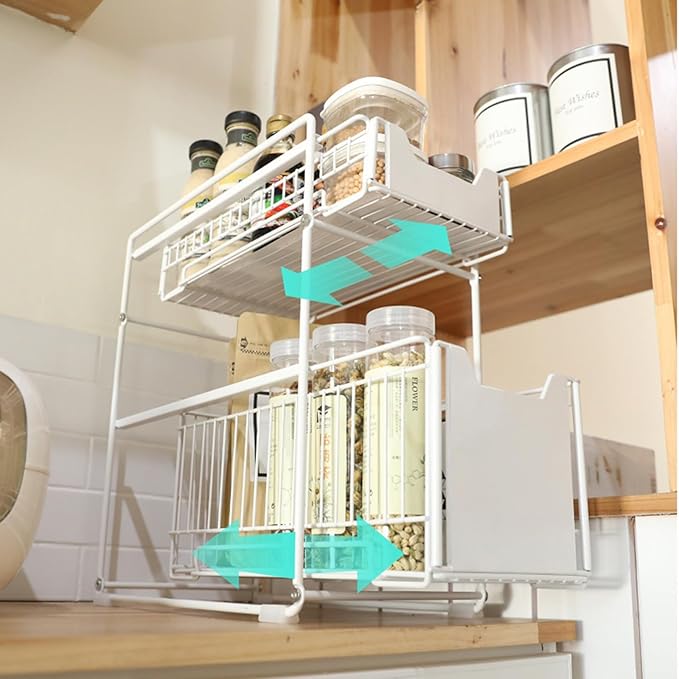 IDEALHOUSE 2-Tier Pull Out Cabinet Organizer, Heavy Duty Slide Out Pantry Shelves Drawer Storage Fixed with Adhesive Film, Sliding Mesh Cabinet Basket for Kitchen Bathroom Home, White