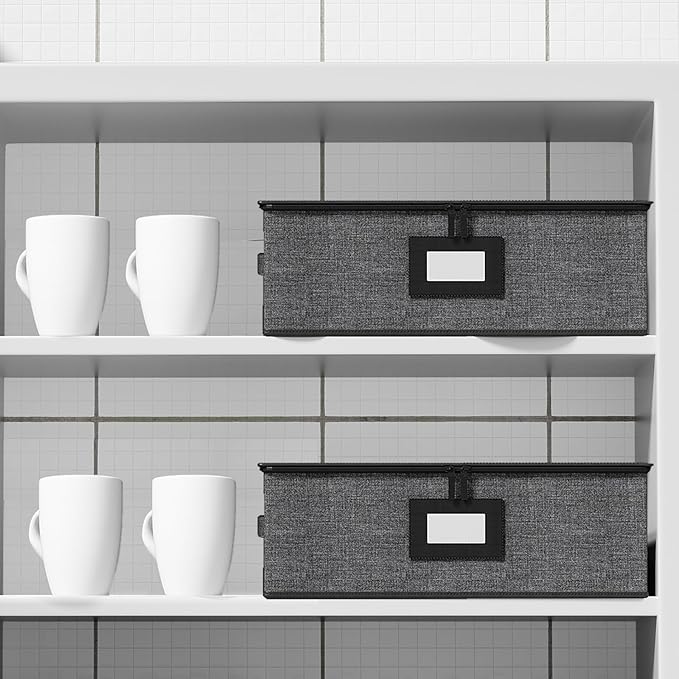 Aokeyee 2-Pack Cup & Mug Storage Box with Dividers, Hard Shell Organizer with Lid, Handles, Zippers & Label Slot, Holds 24 Mugs, Teacups & Glasses, Stackable Containerfor Moving & Protection, Grey