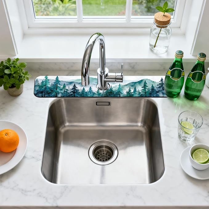 2 Pcs Kitchen Sink Splash Guard Faucet Mats Watercolor Forest Pattern Faucet Mat for Sinks Absorbing Drying Mat for Kitchen Bathroom, 23.6x5.5inch