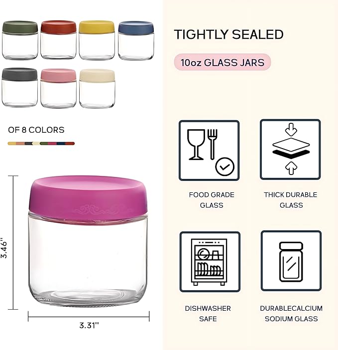 10oz 8Pack Glass Overnight Oats Jars Containers with Airtight Leakproof Lids, Reusable Mason Jars for Meal Prep, Yogurt Parfaits, Smoothies, Salads & Healthy Breakfasts(10oz-8Pack)