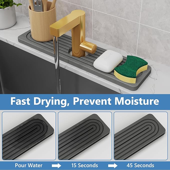 Stone Quick Dry Faucet Mat for Kitchen Sink [Diatomite Super Fast Drying] Stone Faucet Mat for Kitchen Sink Splash Guard Sinks Stones Quick Dry around Faucets Stones Drying Bathroom Quick Stones Mat
