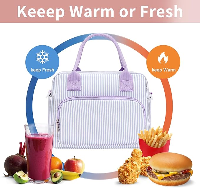 Lunch Bag Women Lunch Box for Women Adult Cute Insulated Lunch Bag Lager Cooler Lunch Tote Bags for Work Picnic (Purple Stripes)