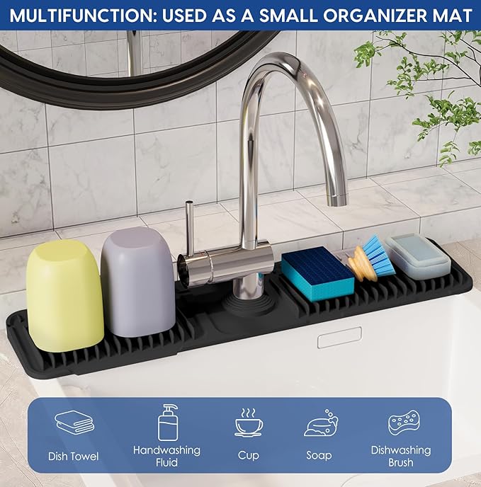 24 Inch Silicone Faucet Mat for Kitchen Sink Splash Guard - 7° Slope Upgraded Water Draining Mat with Fasten Button for Bathroom Area (Black, 24''x5.5'')