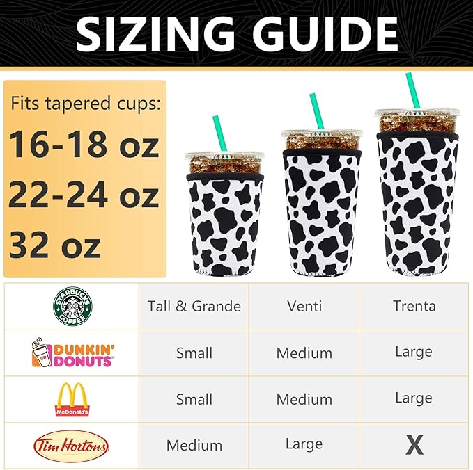 YR Reusable Neoprene Insulator Sleeve for Iced Coffee Cups, 3 Pack Coffee Coolies sleeves for Iced & Hot Drinks, Cold Beverage Cooler Compatible with Starbucks Coffee and More (Cow)