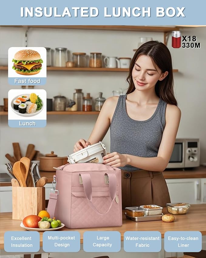 Insulated Lunch Box for Women & Men - Large Thermal Lunch Bag Women with Removable Shoulder Strap, Reusable Lunch Cooler Tote Bags Purse for Adults Work, Picnic, Hiking, Beach, Travel, Medium, Pink