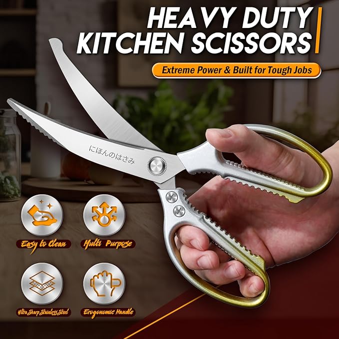 TIJERAS Kitchen Scissors Set Gold - Stainless Steel Kitchen Shears, Sharp Meat Scissors, Heavy Duty Poultry Shears, Japanese Cooking Scissor for Food, Chicken, and Turkey, Gifts for Women Men