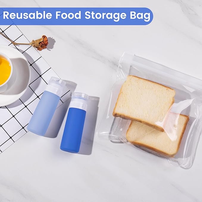MICEBAY Condiment Squeeze Bottles for Sauces, 3-oz Mini Silicone Salad Dressing Container to Go with Snack Storage Bag, Leakproof Sauce Bottles for Lunch Box, 4 Pack, Blue