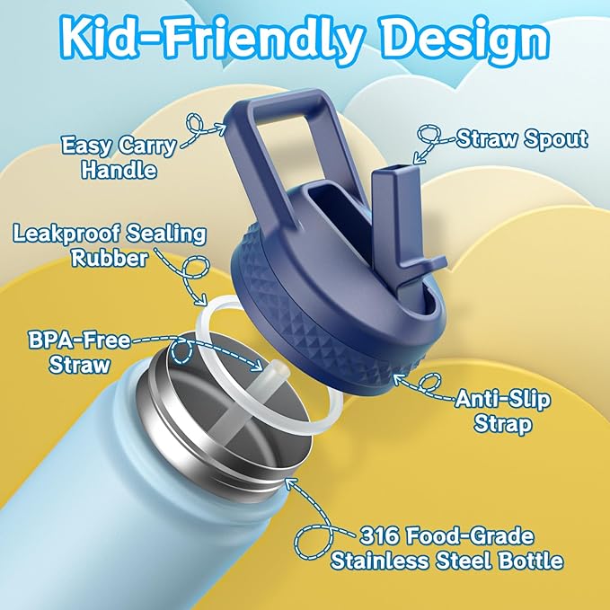 baab 18oz Kids Water Bottle, Insulated Water Bottle with Straw & Stickers, 18/8 Stainless Steel Vacuum Leakproof Kids Water Straw Cup for School, Perfect for Boy Girl (Light Blue+Pink, 2 Pack)