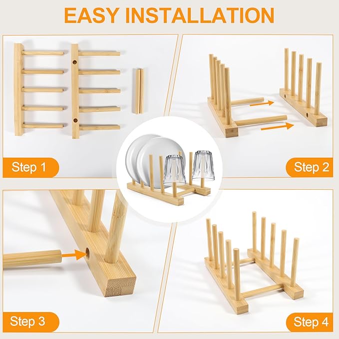 SAMEBUTECO 2-Pack Bamboo Kitchen Rack with 4 Slots and 5 Connector Pegs – Vertical Organizer for Plates, Pots, Lids, Bowls & Cutting Boards – Durable Wooden Dish Holder with Spare Pegs & Gift Box