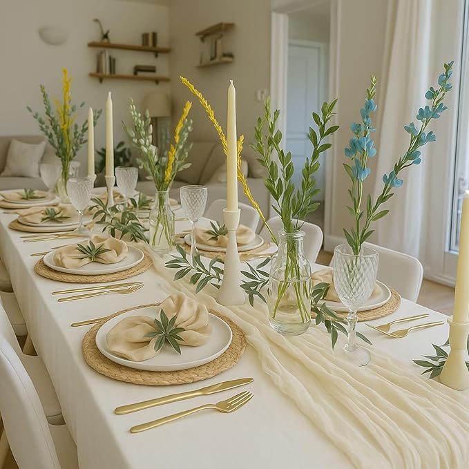3 Pack Beige 10FT Cheesecloth Table Runner –120 Inch Soft Gauze Boho Table Runners for Baby Shower, Coastal Wedding, Modern Rustic Party Decor