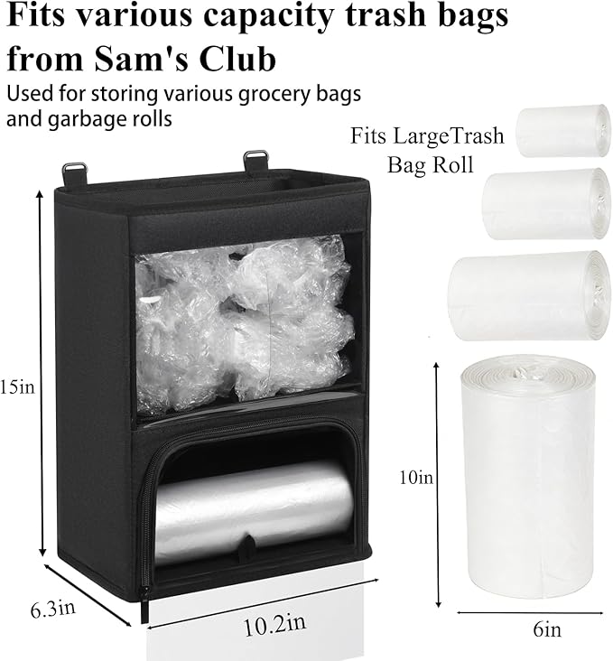 2-in-1 Plastic Bag Holder with Clear Window, Large Grocery Bag Holder and garbage bag dispenser with Easy-Access Openings, Trash bag organizer for Kitchen RV Cabinet Wall Mounted (Black）