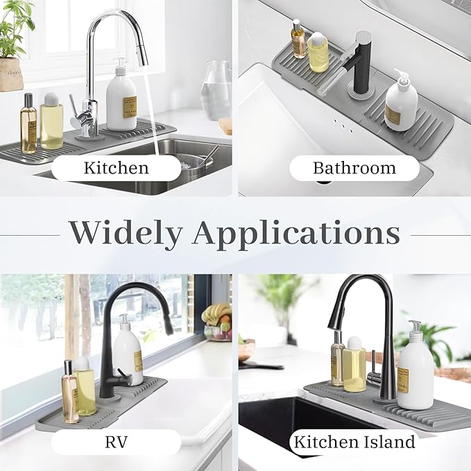 PoYang 17.7 Inch Faucet Mat for Kitchen Sink Splash Guard Behind Faucet, Sink Protectors for Kitchen Sink Faucet Mat Splash Guard for Kitchen Sink Area, Long Silicone Faucet Guard & Draining Mat, Grey