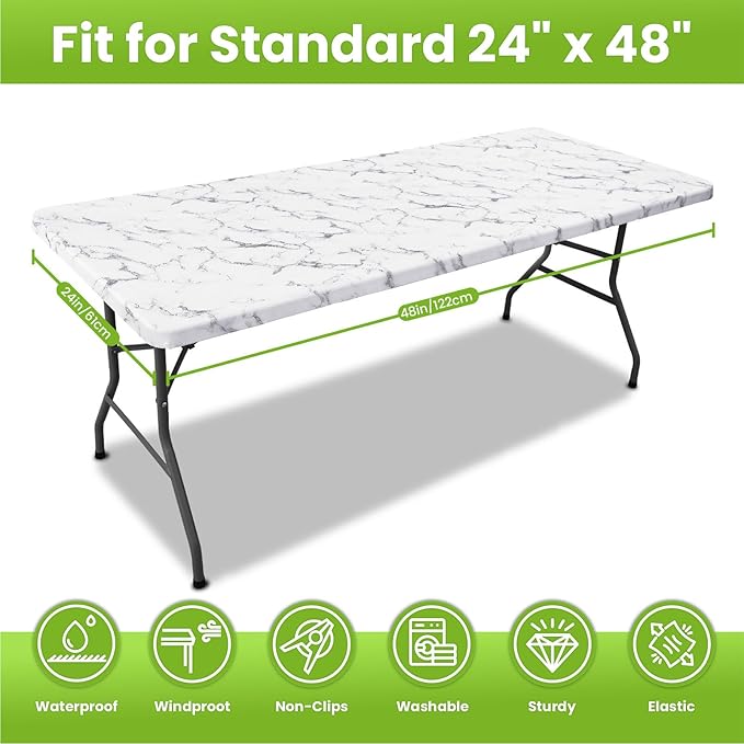 Smiry Spandex Fitted Tablecloth for 4 Foot Rectangle Tables, Washable Picnic Table Cover with Elastic, Stretch Reusable Table Cloth for Outdoor, Camping, Dining & Kitchen (Marble, 24"x48")