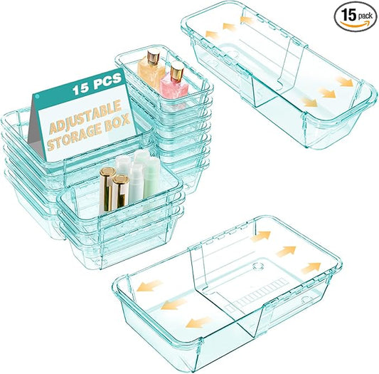 15 Pcs Extendable Clear Drawer Organizer, All Adjustable Vanity Storage Box, 2-Size Desk Drawer Organizer, Acrylic Storage Bins for Makeup, Bedroom Dressers Tool Organizer for Gadgets, Blue