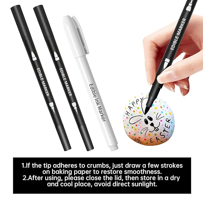 Edible Markers 3Pcs Black & White Food Coloring Pens – Double-Sided Fine & Thick Tips Edible Food Pens for Cookie Decorating, Fondant, Cakes, Desserts, Easter Eggs