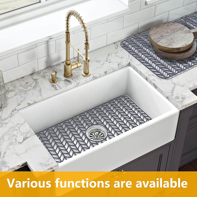 Sink Protectors for Kitchen Sink 12"13"16"18"19"24"26"28"29"30",Silicone kitchen sink mats protector for bottom of farmhouse sink(26"x14"Center Drain Gray)