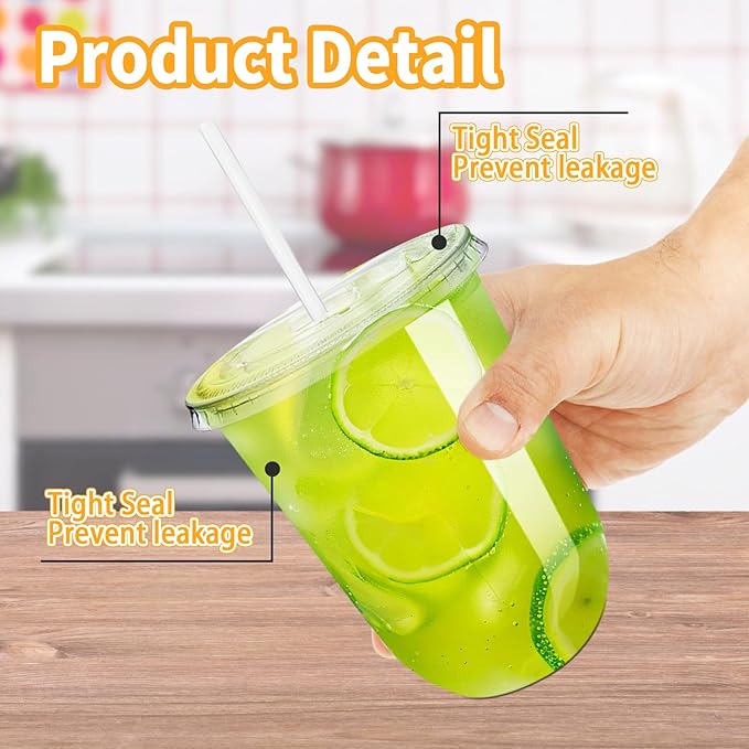 Alaeseje 50 Pack Clear Plastic Cups with Lids and Straws,16 oz Disposable Iced Coffee Cups,PET Crystal Cups,Round Bottom To Go Cup for Iced Coffee Juice Smoothie Cold Beverage