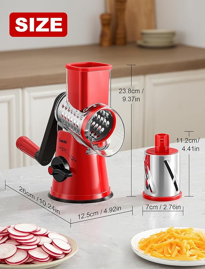 Geedel Rotary Cheese Grater Vegetable Shredder With 6 Interchangeable Blades No Slip Suction Base, Mandoline Slicer & Food Chopper for Cheese, Ice, Nuts, Vegetables, Veggie