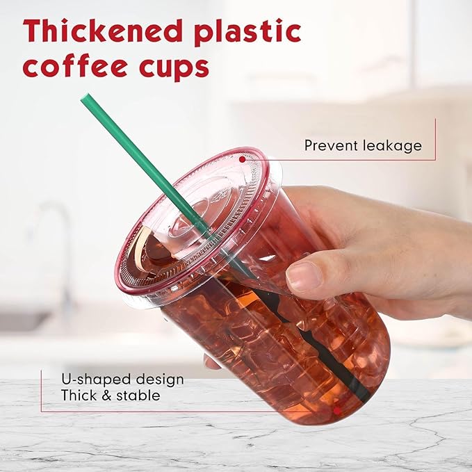 Baderke 25 Set Plastic Cups with Lids and Straws, Disposable Plastic Iced Coffee Cup for Cold Beverage Juice Smoothie Crystal for Coffee Shops Party Catering(Pink,16 oz)