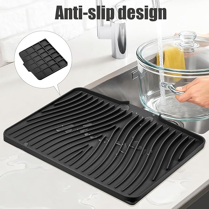 Silicone Dish Drying Mat for Kitchen Counter, Dish Drying Pad, Non-Slip Drain Pad with Built-in Drain, Heat Resistant Stone Drying Mat(16" x 12", Black)