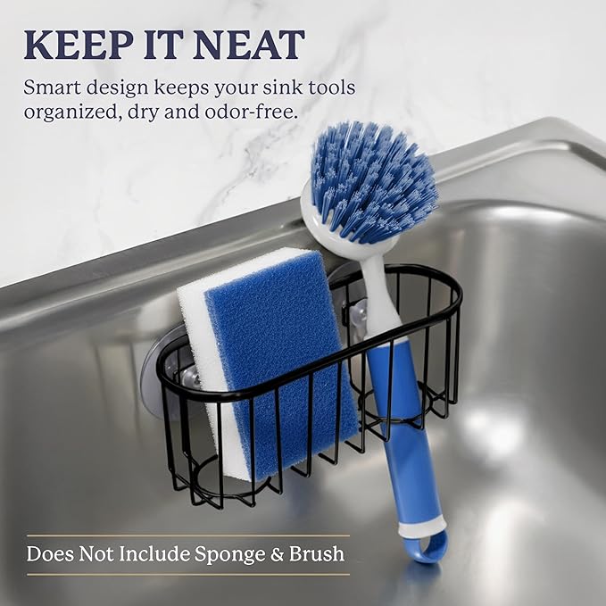 Best Brands Farberware Sponge Holder for Kitchen Sink—Brushed Metal Sink Caddy Organizer with Triple Suction Cups, Kitchen Organizer for Sponges, Brushes, Soap & Cleaning Essentials