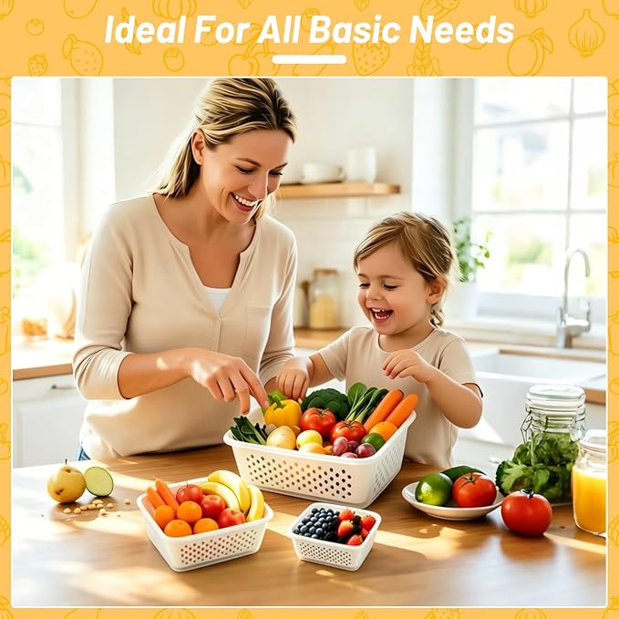 3 Pack Fruit Storage Containers for Fridge with Removable Colander, Airtight Produce Storage Containers for Fridge, 4-in-1 Fruit and Vegetable Storage, Berry Keeper, Stackable Veggie Containers