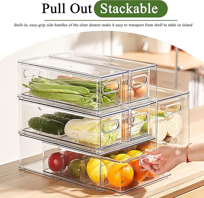 bealy 4 Pack Clear Storage Drawer Set, Stackable Fridge Drawer Organizer Fruit Vegetable Storage Containers for Kitchen Pantry Organization,BPA-Free