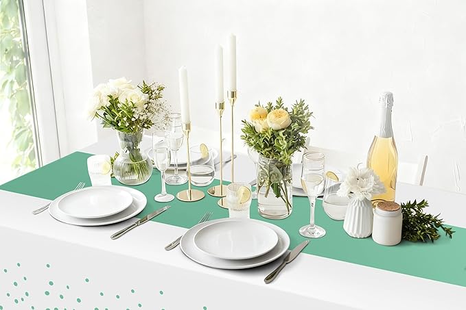 Smiry Plastic Table Cloth Disposable 5 Pack, 54 x 108 Inch Rectangle Waterproof Tablecloth, Printed Gold Table Runner Style for Birthday Weeding, Party Decorations, Leakproof & Sturdy, White and Teal